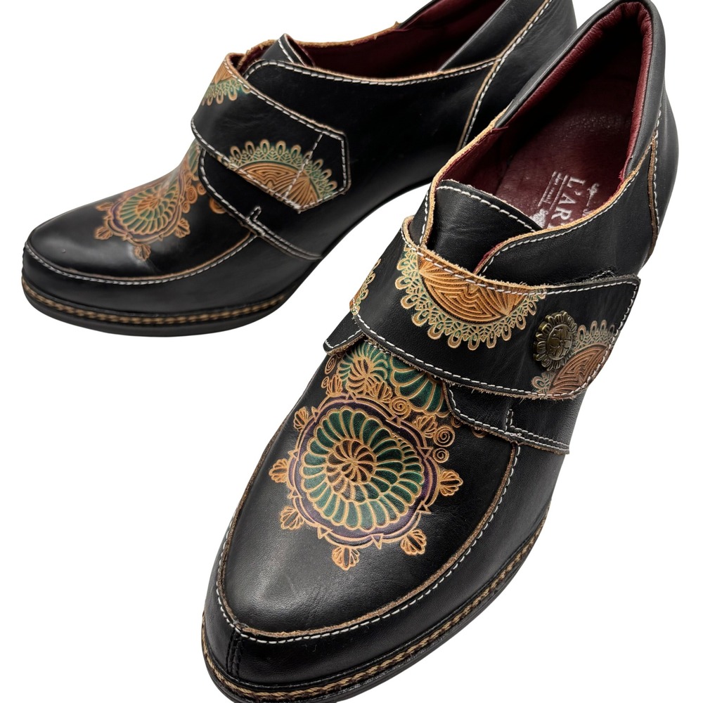 Spring Step L'Artiste Kekie Black Leather Hand Painted Floral Pumps EU 40 US 9